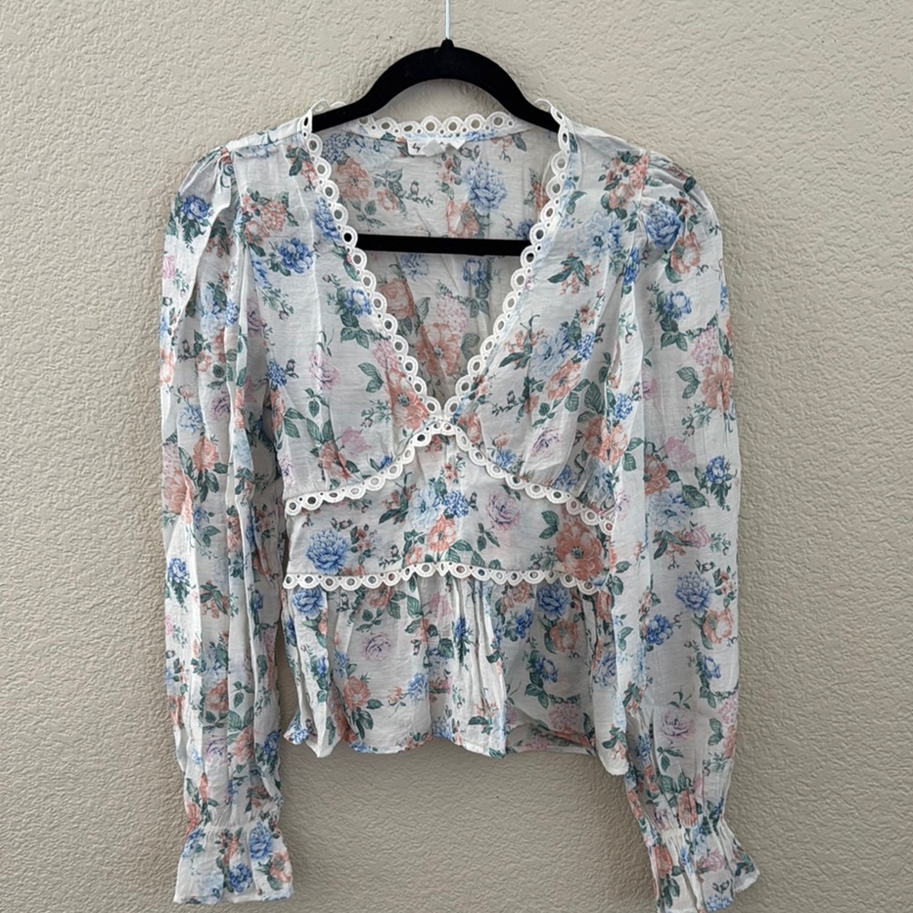 Blue and Gray Long Sleeve Wrap Blouse with Ruffled Peplum
